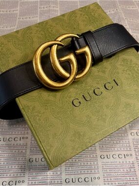 Authentic Gucci Black Leather Belt with Gold Double G Logo Buckle